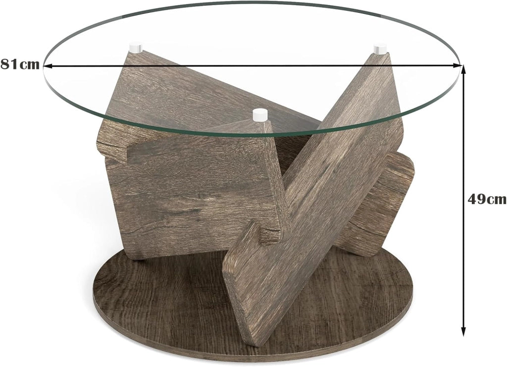 Tavolino in Vetro, Tavolo da Salotto Rotondo con Piano in Vetro Temperato, Gambe in Legno Massiccio, Tavolino Moderno, per Salotto, Camera, Ufficio, Appartamento, 81 x 49 cm, Grigio
