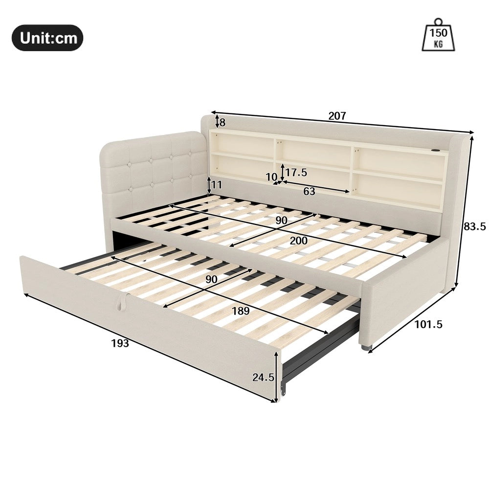 Letto Singolo Estraibile con Rete a Doghe ¨C MINIMAL ¨C Lino Beige, 90x200 cm