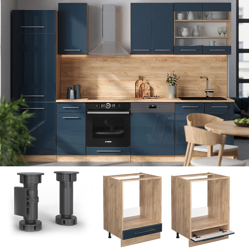 Mobile per forno da incasso Fame-Line Blu scuro lucido/Rovere dorato 60 cm, PL Rovere Vicco