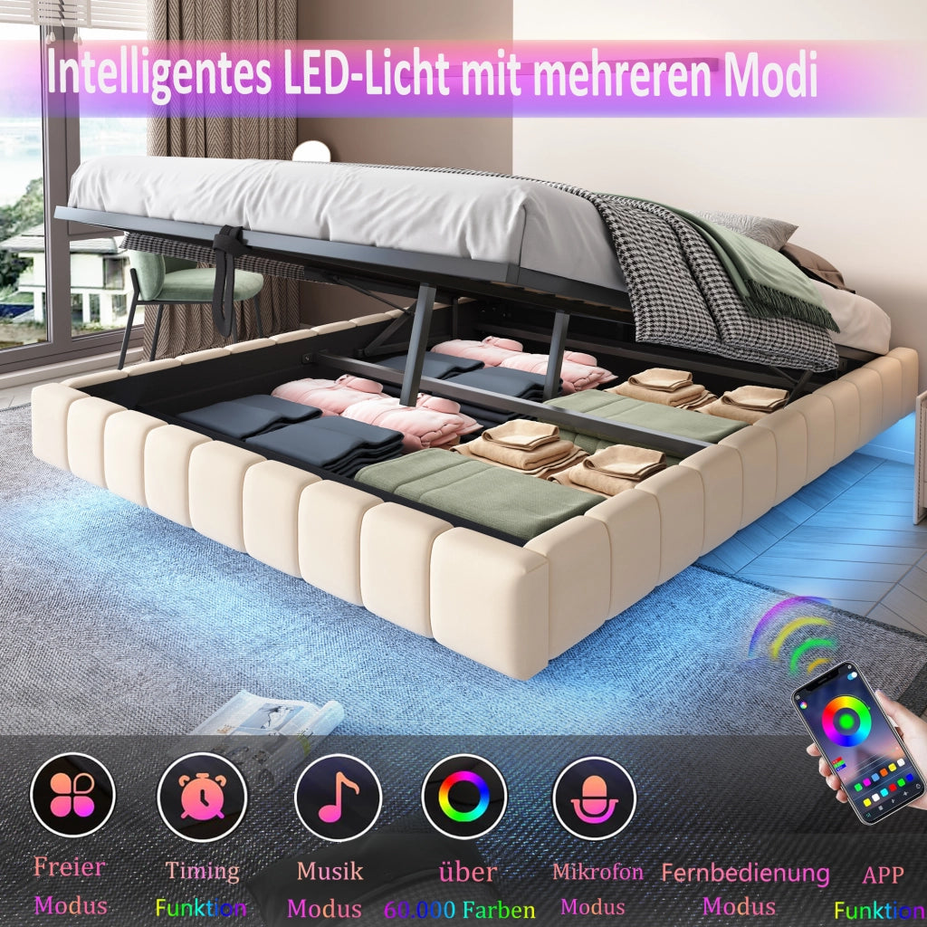 LETTO Imbottito Sospeso 180x200 cm Beige con LED e Contenitore