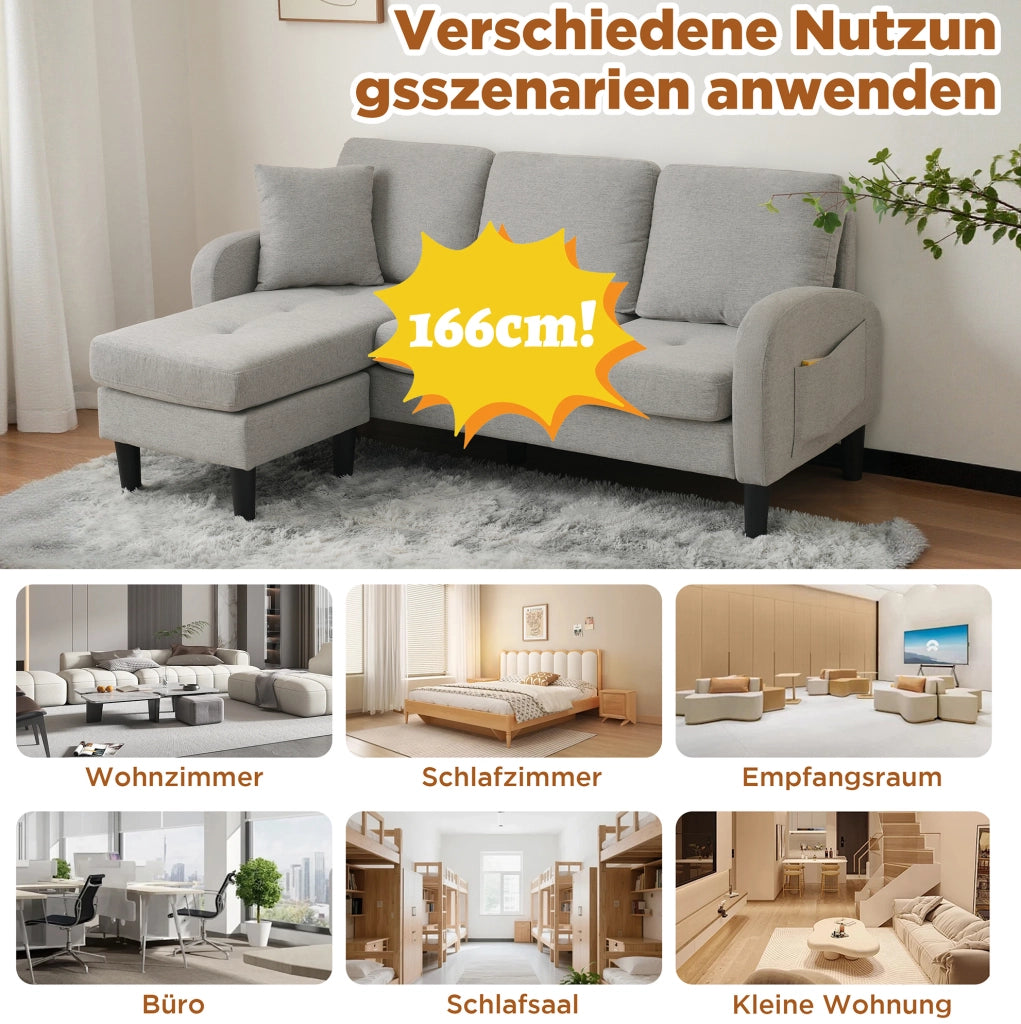 Divano angolare modulare con chaise longue 166x118x77 cm; tessuto effetto lino grigio