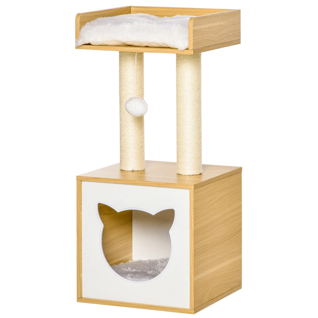 Albero per gatti a 2 livelli con letto e tiragraffi ¨C zephmum ¨C bianco e rovere 35x35x81 cm
