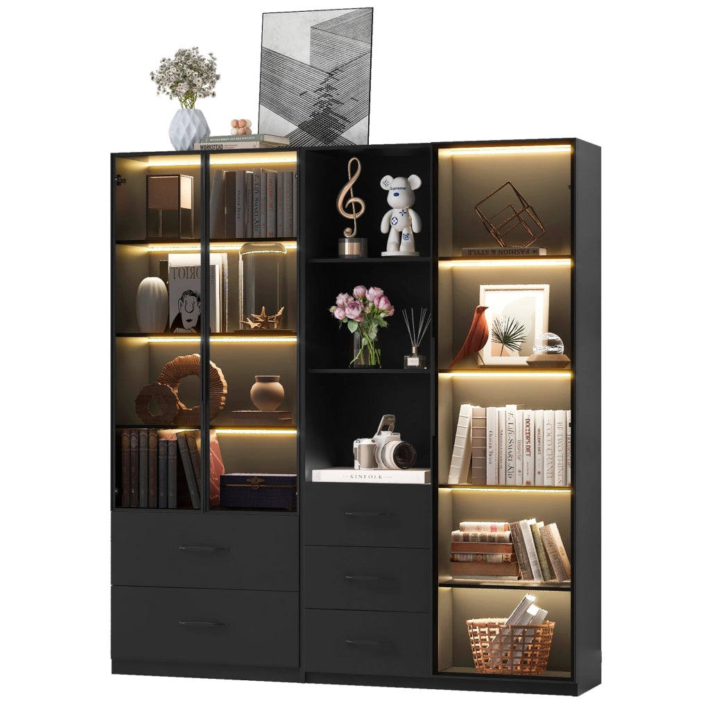 Vetrina LED modulare 140 x 40 x 160 cm con ante in vetro, ripiani aperti e cassetti, colore nero