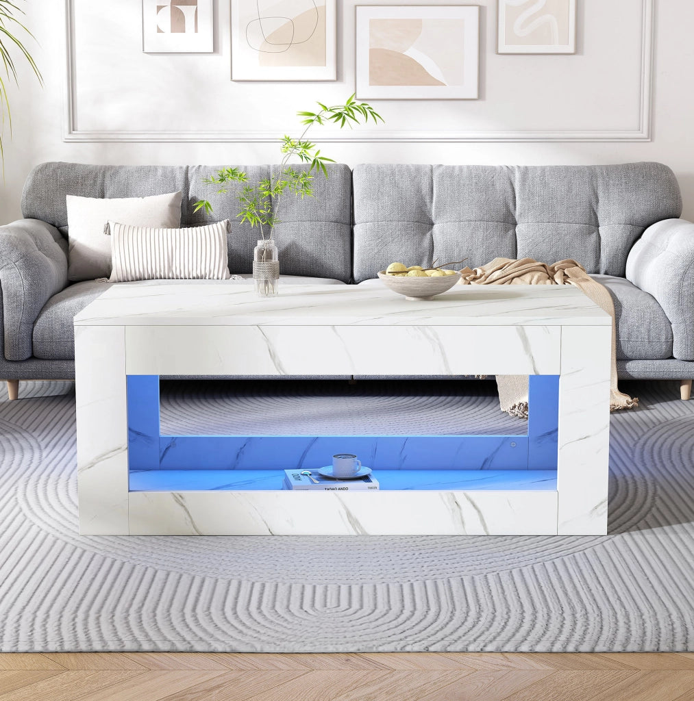 Tavolino da salotto moderno con LED USB; 100 x 50 x 50 cm; bianco lucido effetto marmo