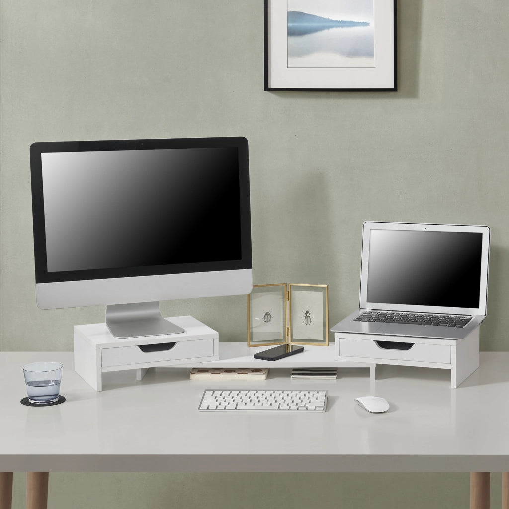 Supporto di Rialzo Monitor 'Marttila' Stand per 2 Schermi - Base con Cassetti - Bianco [en.casa]
