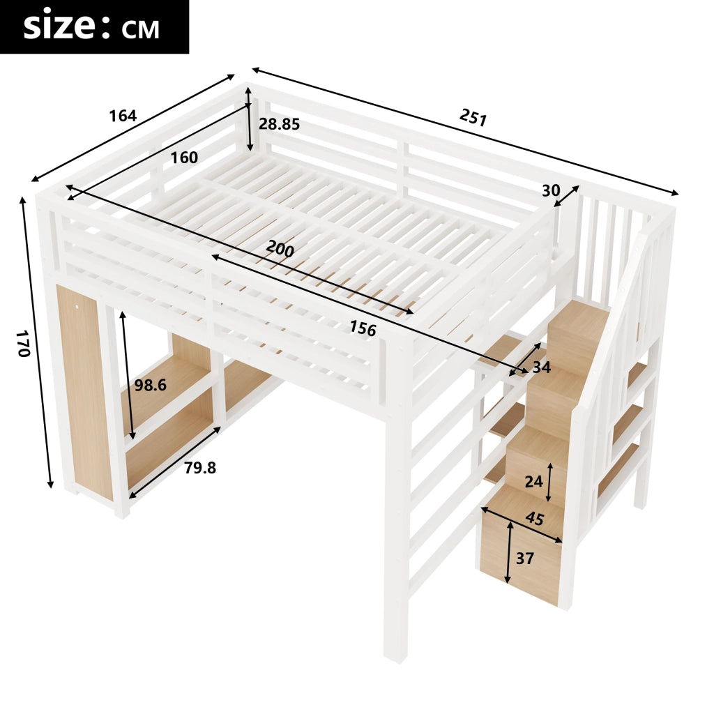 Letto a Soppalco 160x200 cm; Letto Matrimoniale - Scrivania; LED; USB; Armadio e Scala