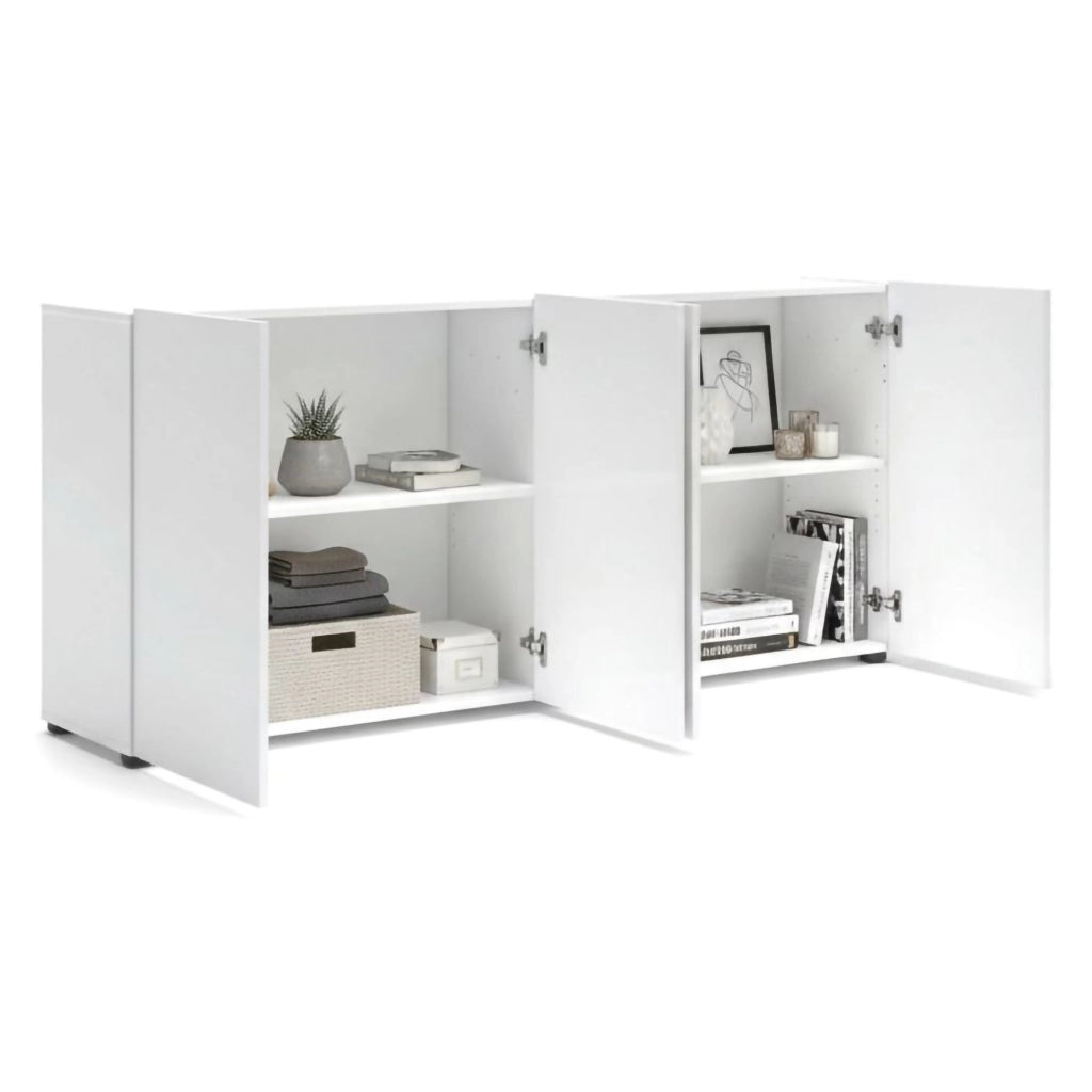 Credenza Amacord, Buffet da soggiorno, Madia da salotto, Dispensa da cucina, Made in Italy, 180x38h79 cm, Bianco lucido