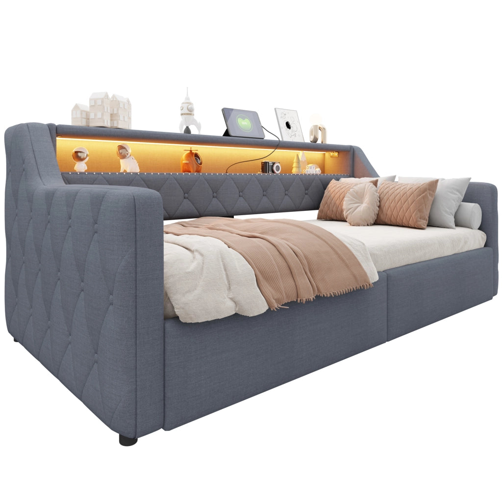 Daybed 90 x 200 cm con illuminazione LED; spazio contenitore idraulico; lino e MDF grigio