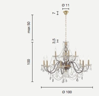 LAMPADARIO OPERA 12 LUCI TRASPARENTE E ORO ATTACCO E14 VETRO E CRISTALLO D.100CM