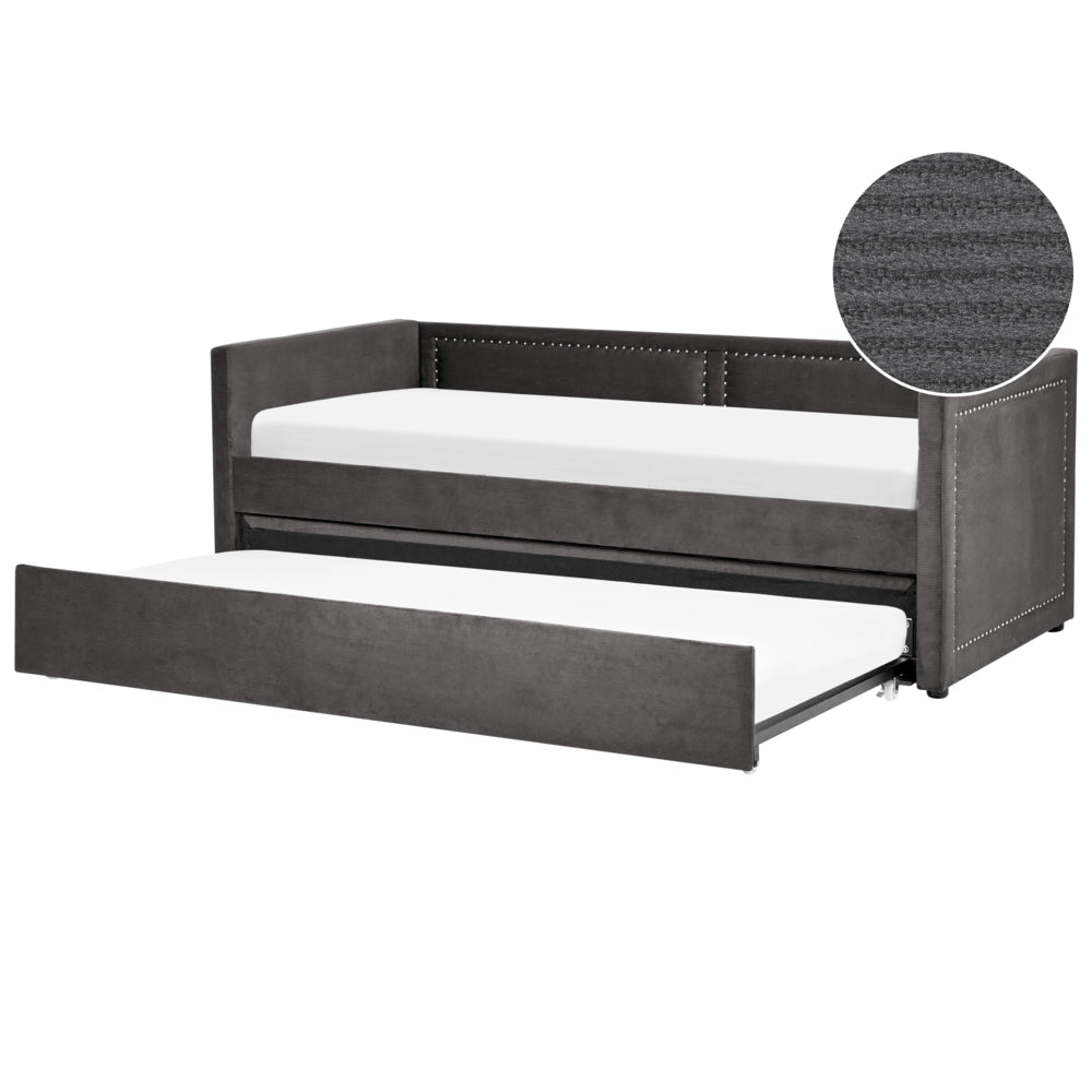 Letto da giorno estraibile velluto a coste grigio scuro 90 x 200 con rete a doghe e testiera con chiodini