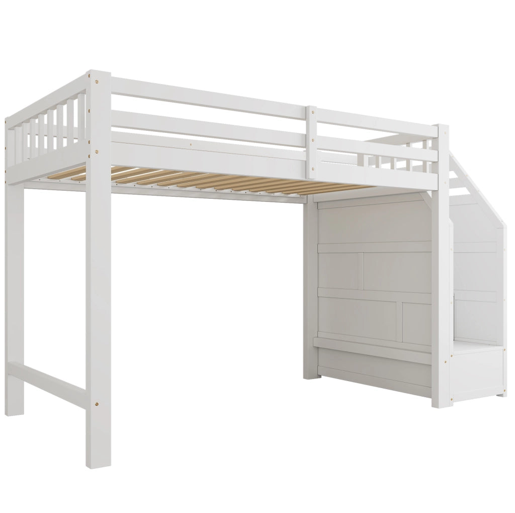 Letto a soppalco ULEVR 90x200 cm con rete a doghe, protezione laterale e scala contenitore, bianco