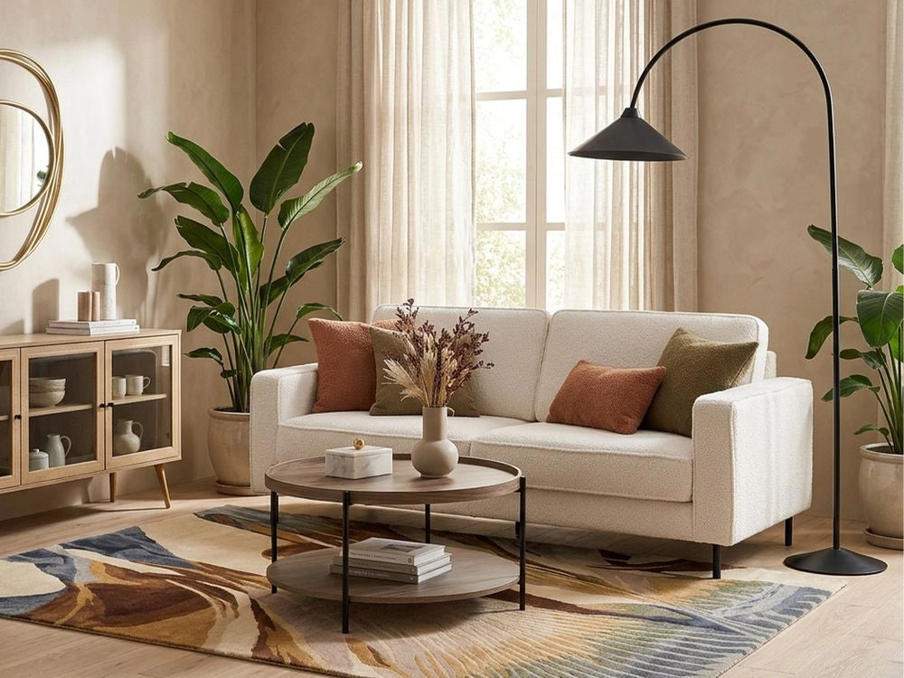 Divano in tessuto boucle bianco 3 posti con cuscini e gambe in metallo stile minimalista moderno