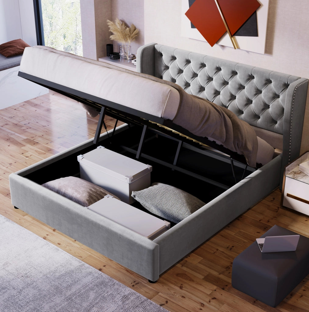 Letto matrimoniale imbottito con contenitore 140x190 cm in velluto grigio