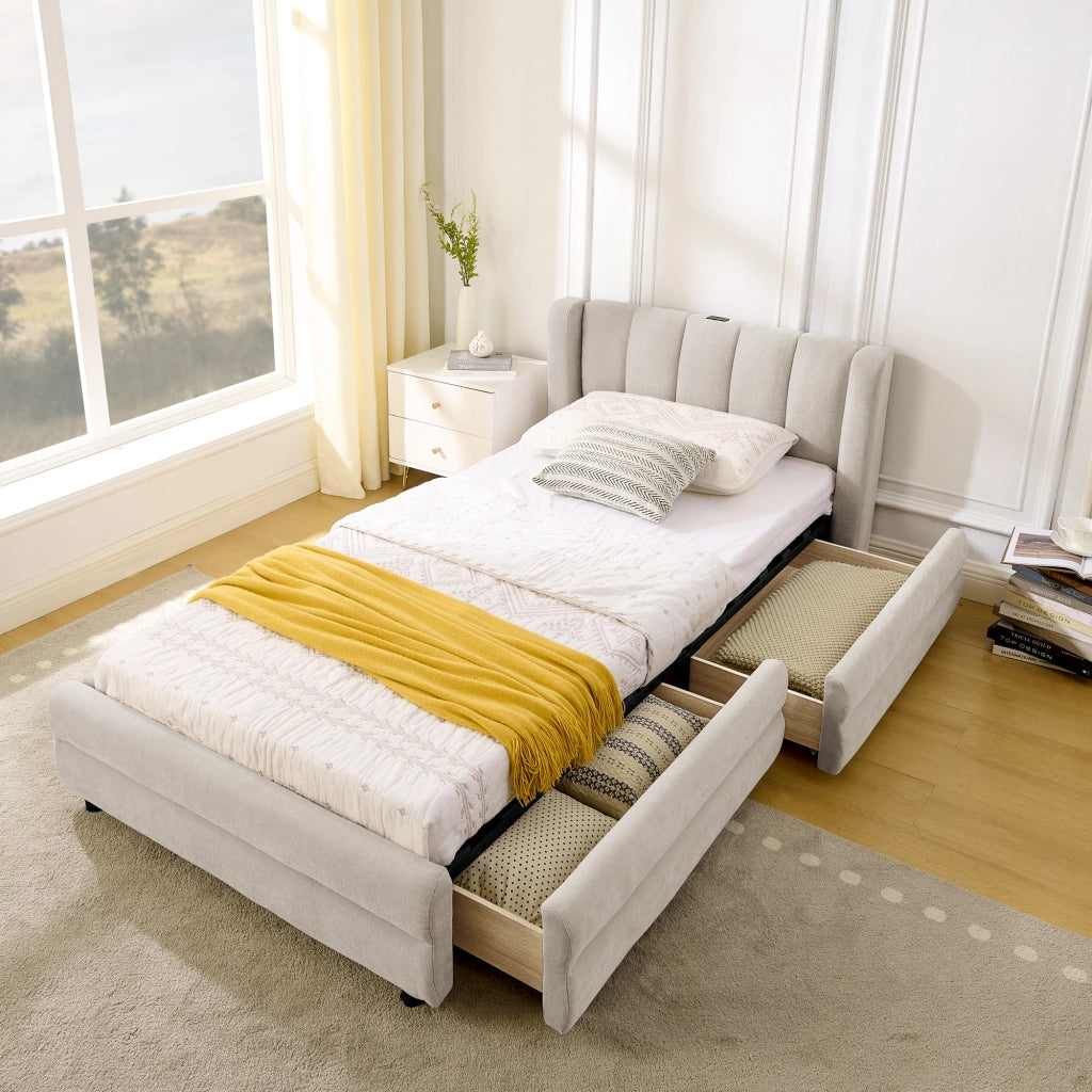 Letto singolo in Chenille beige 90x200 vani laterali USB ergonomico