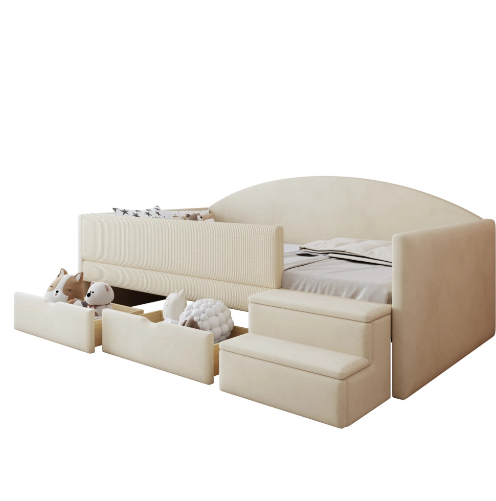 Letto imbottito per bambini 90x190 cm in velluto beige con 2 cassetti e gradini di sicurezza