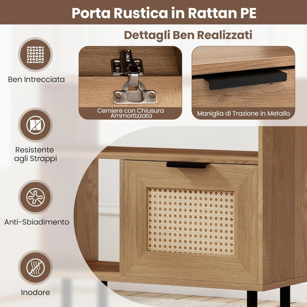 Tavolino da Salotto Boho in Rattan, Comodino con Ripiano Portaoggetti, Armadietto e Gambe in Metallo, Tavolino Versatile per Soggiorno, Camera da Letto e Ingresso