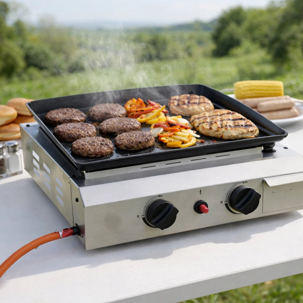 Barbecue a Gas 2 Bruciatori 2.4kW con Plancha Smaltata – Utilizzabile con Piedistallo o da Appoggio, Accensione Piezo, Piastra Rimovibile e Lavabile, Vassoio Raccogli Grasso, Portatile