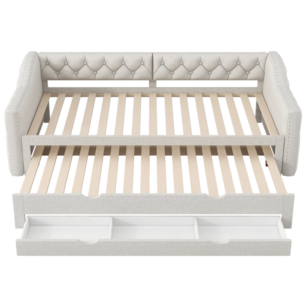 Letto Singolo 90x200 cm con LED; 3 Cassetti e Letto Estraibile in Beige