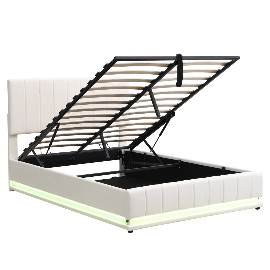 Letto Imbottito Contenitore 140x200 ¨C MINIMAL ¨C Bianco, LED, Testiera Regolabile, Idraulico