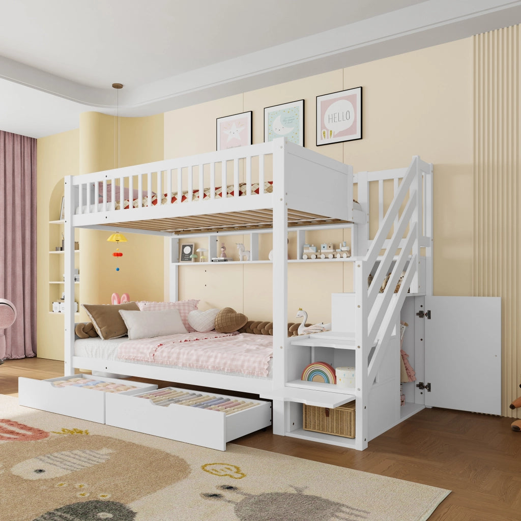 Letto a castello con scalinata contenitiva in pino bianco 90x200 cm
