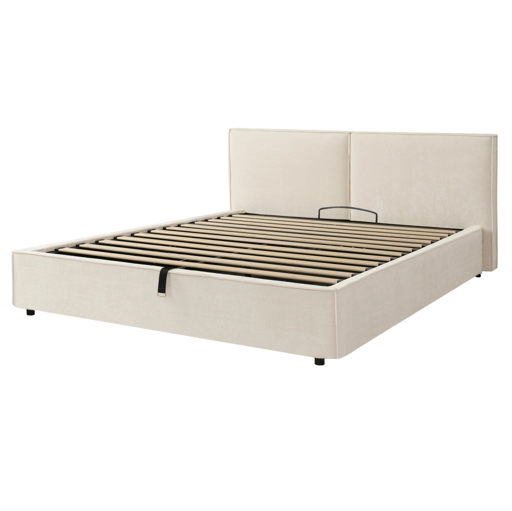 Letto imbottito con vano contenitore idraulico 216x157x97 cm in bouclé beige con rete a doghe