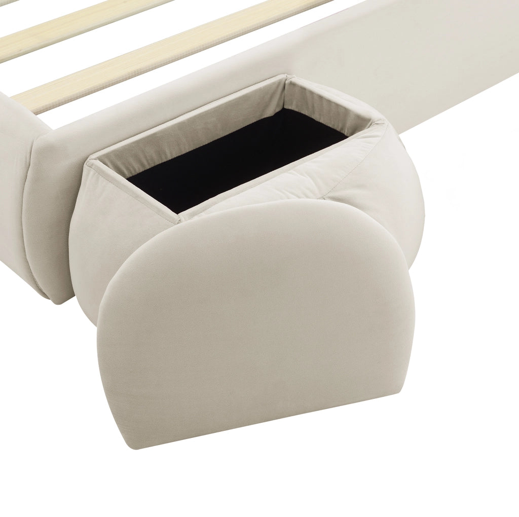 Letto imbottito beige 140x200 cm con LED, vano contenitore e 2 pouf