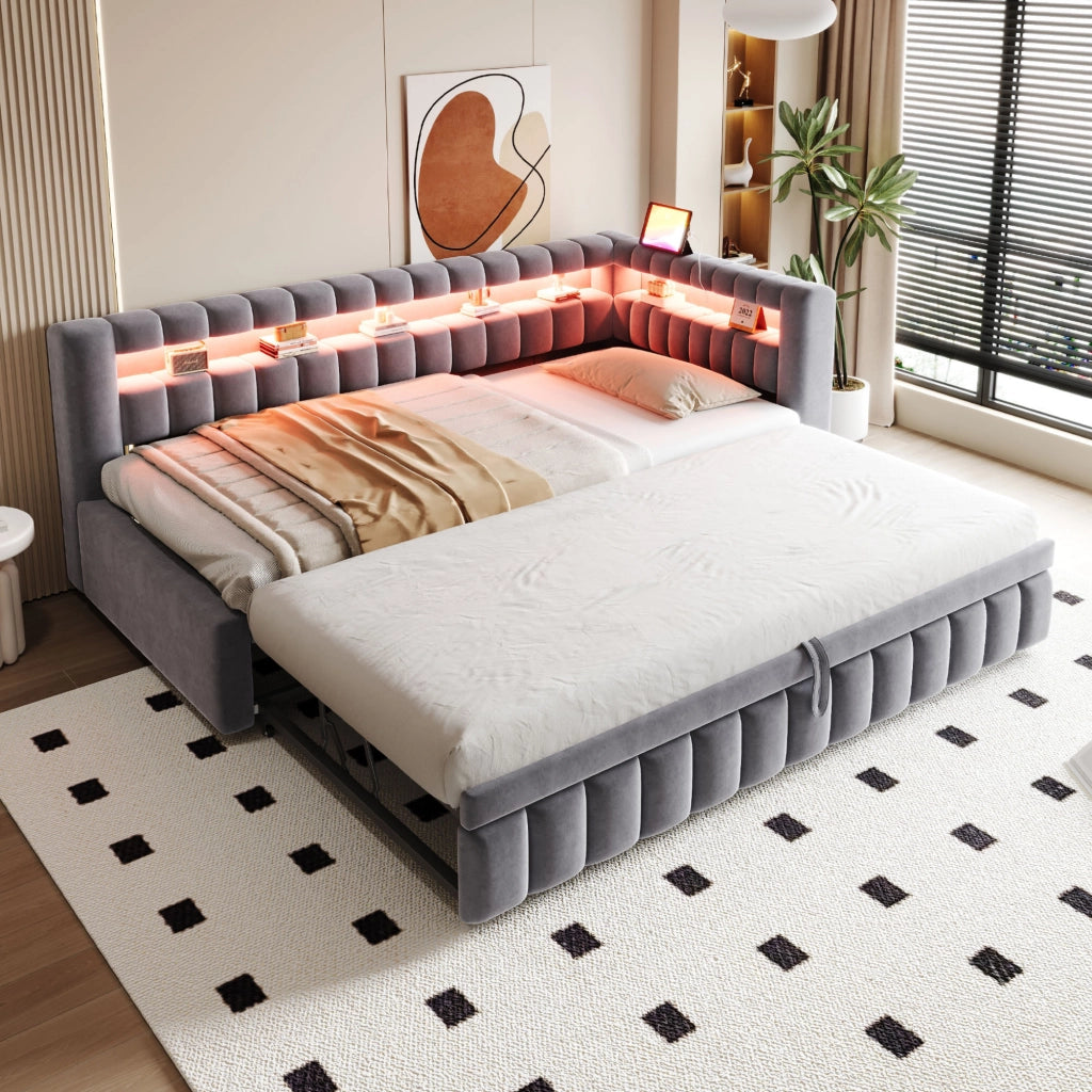 Letto estraibile 90 × 200 cm con illuminazione LED, ripiani, USB e Type-C, senza materasso, grigio