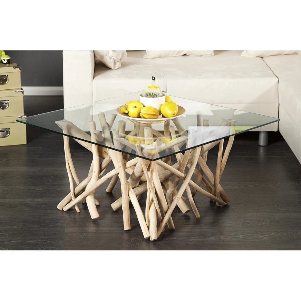 Tavolino basso WOODEN quadrato 80 cm – Tavolino design in legno di galleggiamento e vetro temperato
