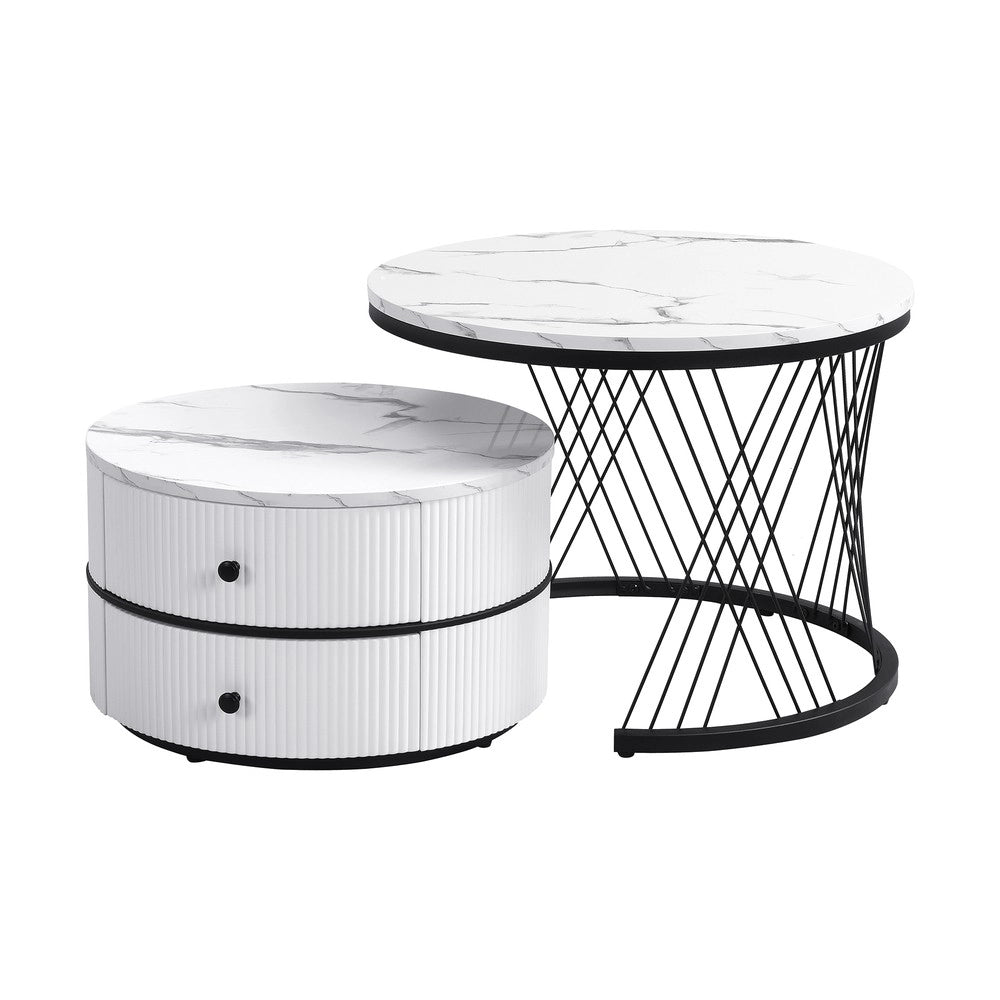 Set 2 Tavolini da Caff¨¨ Rotondi ¨C MINIMAL ¨C Bianco Lucido Effetto Marmo, 2 Cassetti, 60x60x46 e 50x50x31
