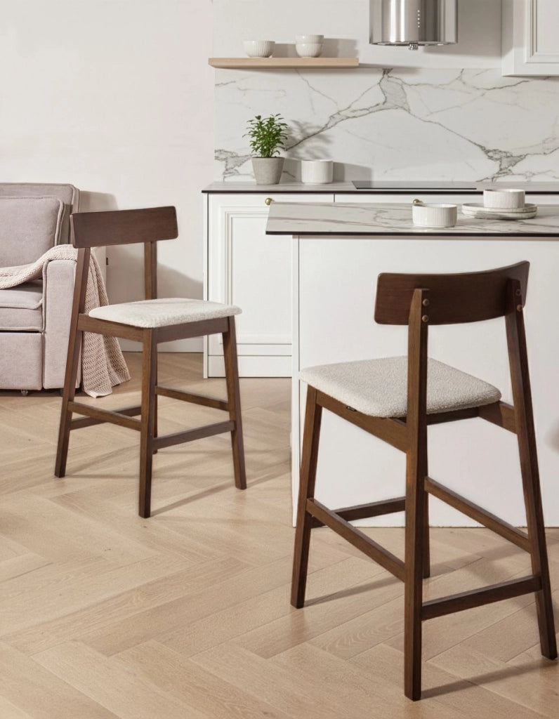 Set di 2 sedie da bar marrone scuro e tortora con seduta in legno di gomma e poliestere, stile tradizionale retrò, per cucina e sala da pranzo