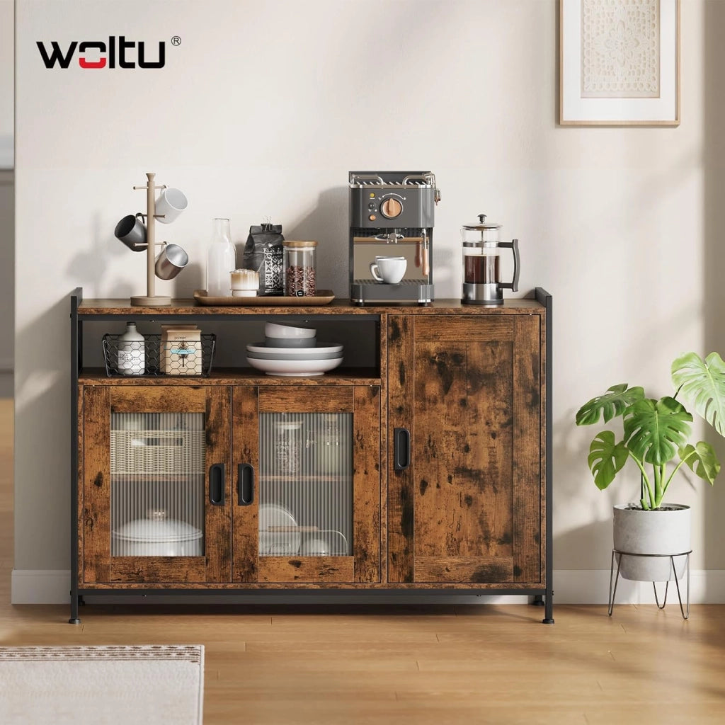 Credenza Cucina con 3 Ante, Mobile Buffet Salvaspazio con 2 Ripiani Regolabile, in Legno e Metallo, per Cucina, Soggiorno, Ingresso, 110x33x75 cm, Marrone Rustico