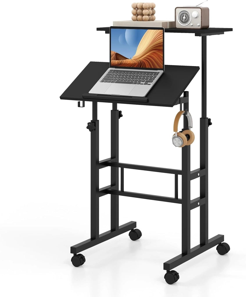 Scrivania per Computer Regolabile in Altezza, Scrivania Salvaspazio con Ruote e Ganci, Tavolo Porta PC per Studio e Ufficio, 60 x 60 x 72-124 cm (Nero)