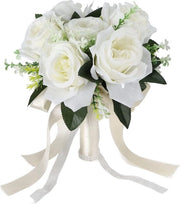 Bouquet di fiori di seta - Finte rose - Bouquet di nozze per bouquet di nozze - Bouquet di damigelle (Bianco latte)