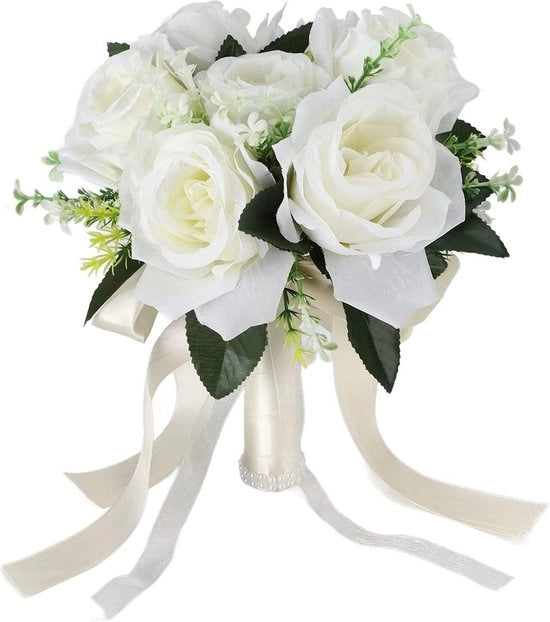 Bouquet di fiori di seta - Finte rose - Bouquet di nozze per bouquet di nozze - Bouquet di damigelle (Bianco latte)