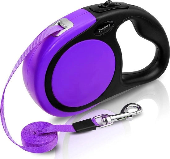 Riem per cani retrattile per cani piccoli e medi fino a 20 kg, manubrio antiscivolo, sistema di frenatura sicuro, riem retrattile in colore viola, 5 m