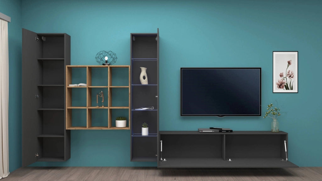 Emilio, Parete Attrezzata Modulabile Made in Italy, 30x310x180h cm Nero Antracite