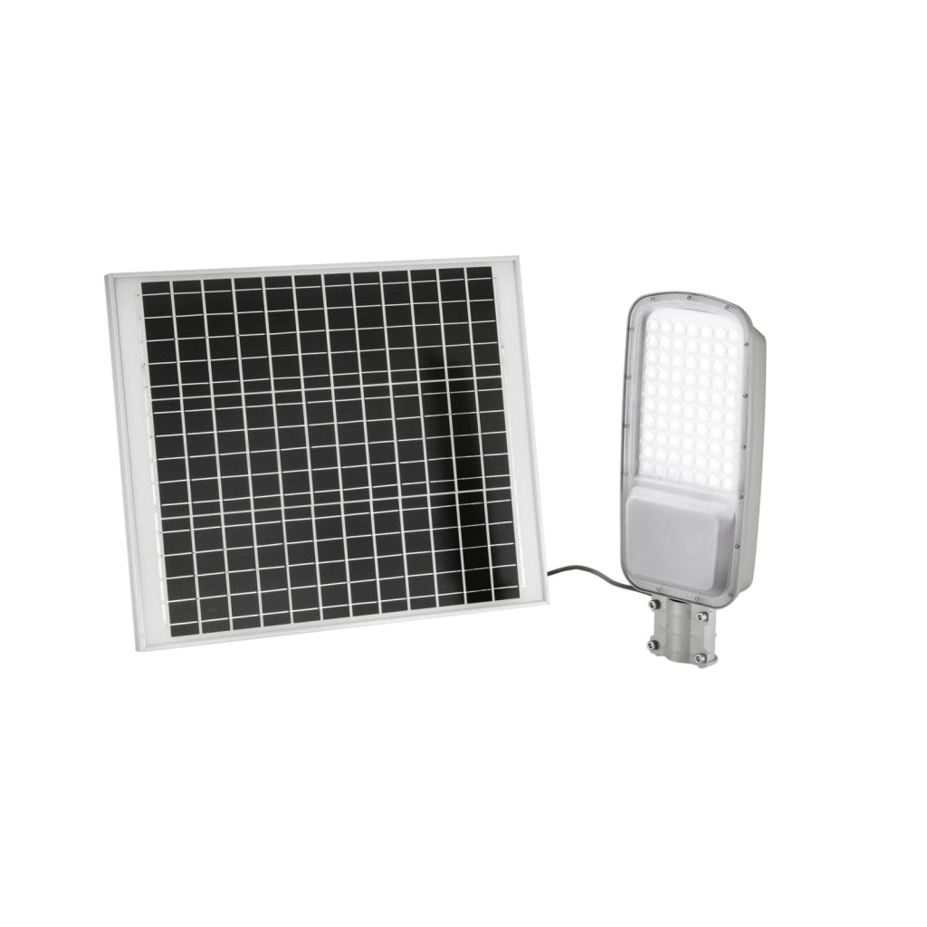 FARO SOLARE STRADALE LED RADIUS SILVER 48W 2100LM 3000K CON PANNELLO SOLARE IP65 48,6X8,7X20,7CM