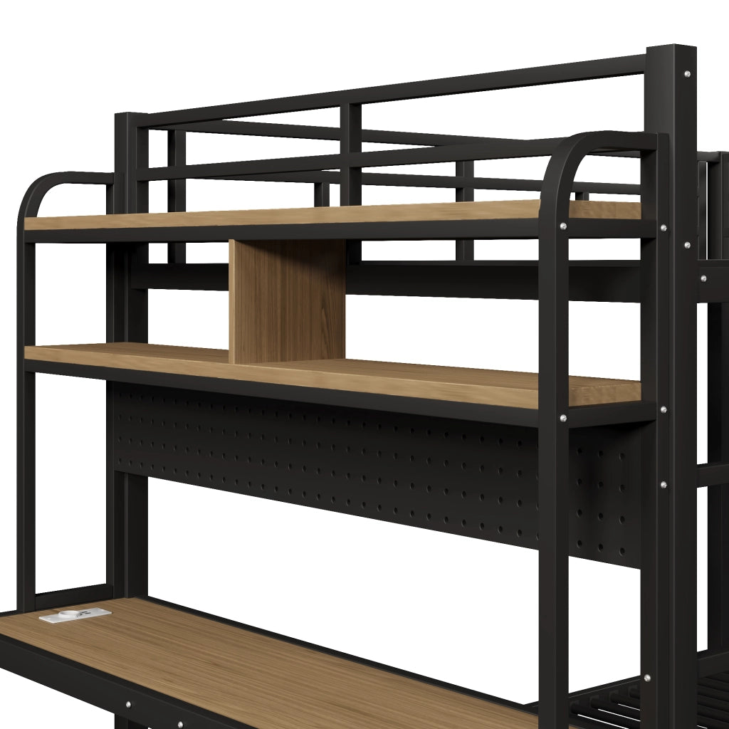 DESMIU Letto a castello 140 × 200 cm 2 posti con scrivania, ripiani, LED, USB, senza materasso, in metallo, nero