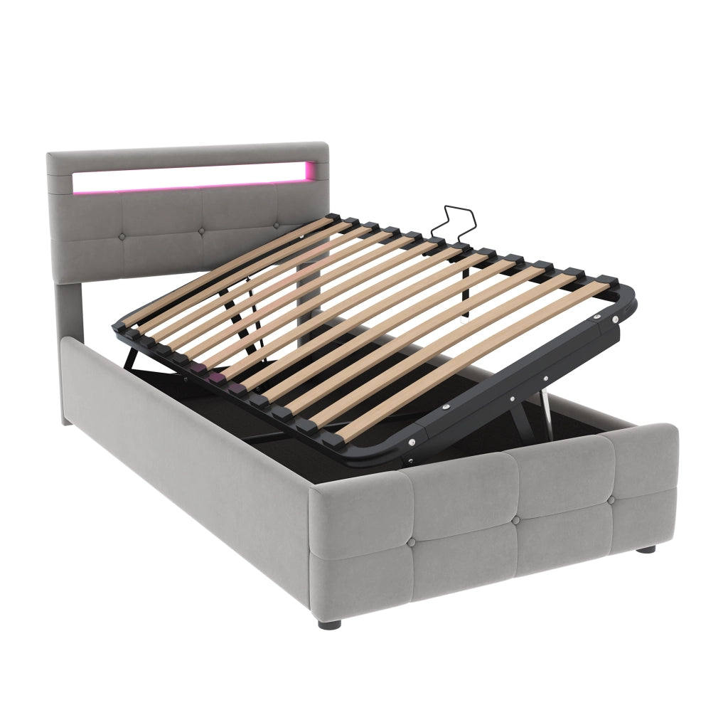 Letto imbottito 90 x 200 cm grigio con LED e vano contenitore idraulico