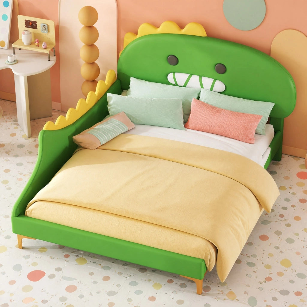 Letto per bambini 140x200 cm a forma di dinosauro, verde, in PU e MDF