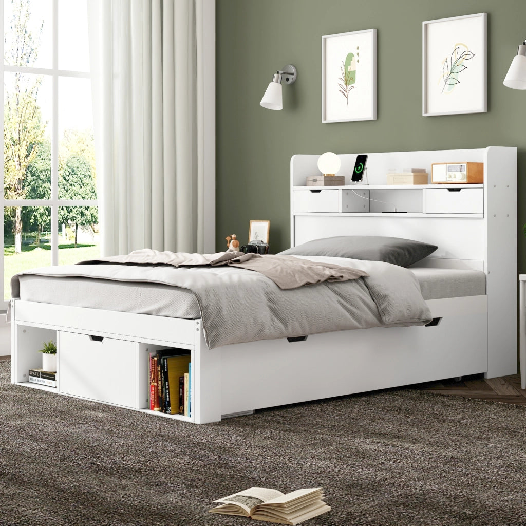 Letto singolo multifunzionale 90x200 cm bianco in pino con USB; cassetti e vani contenitori