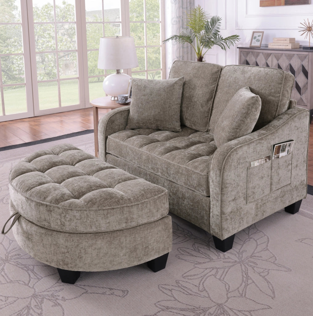 Divano letto 2-in-1 con pouf contenitore; struttura in eucalipto; marrone