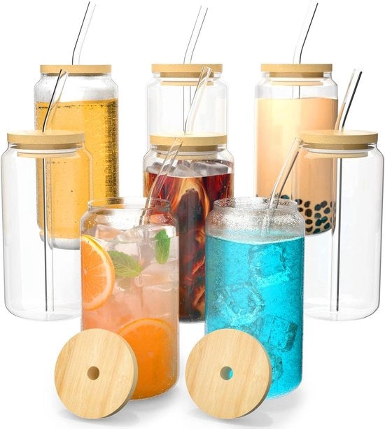 Set di bicchieri in vetro con coperchio e setole 8 pezzi - 450ml bicchieri per IJskoffie, cocktail e Bubble Tea
