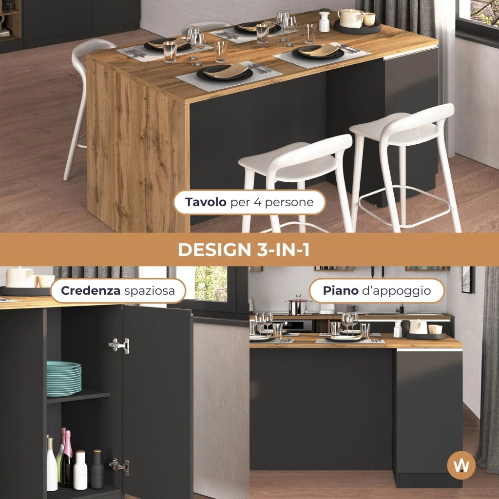 WHOUS Isola da cucina Sole a 2 ante antracite opaco/rovere 160x90x90 cm