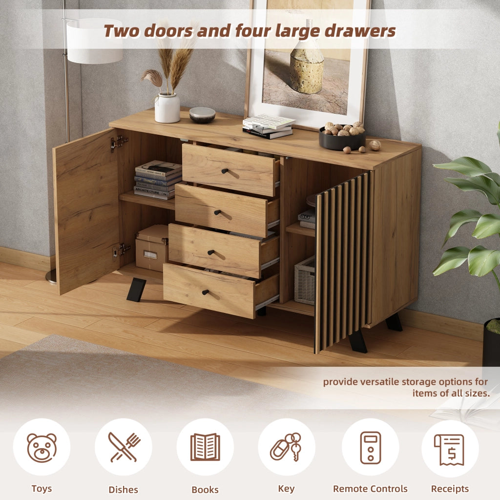Credenza con 2 vani e 4 cassetti - per soggiorno - in MDF - 120×38×75 cm - nero e legno