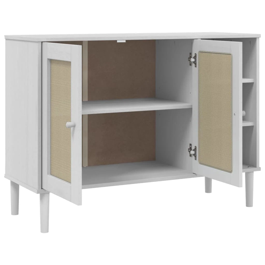 Buffet credenza cassettiera armadio mobile contenitore organizer per cucina soggiorno effetto rattan 112 x 40 x 80 cm legno massello di pino bianco 02_0036222
