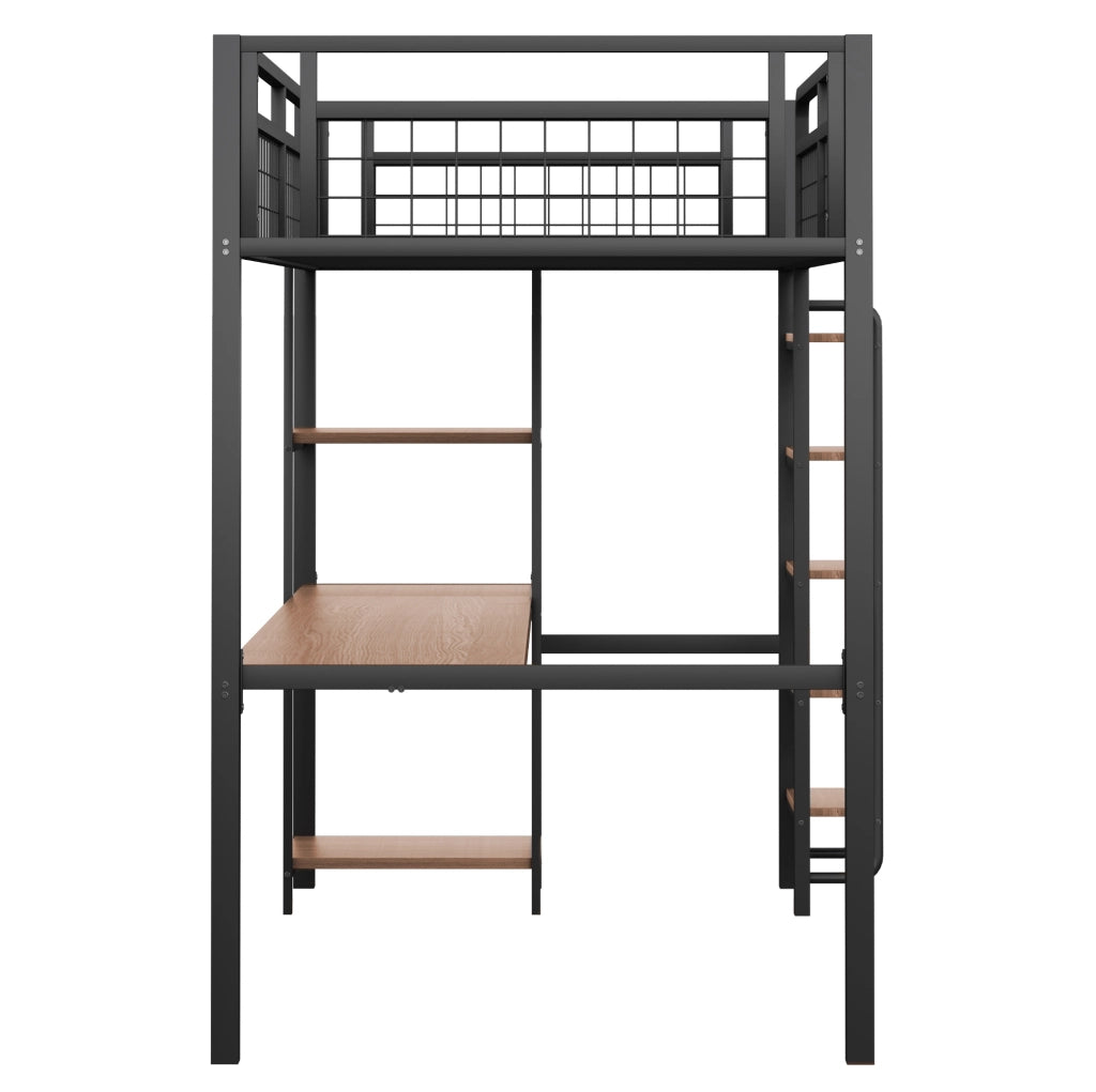 Letto a soppalco in metallo 90x200 cm nero con scrivania; ripiani e scala con gradini