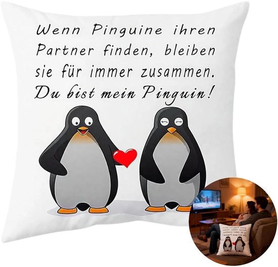 Cadeau per coppia per partner pinguino, cuscino di regalo per lui 45 x 45 cm, regalo per matrimonio, compleanno, Natale, San Valentino, coppia di doni