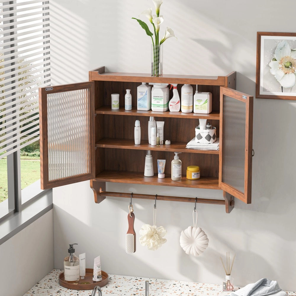 Armadietto da Bagno con Ante in Vetro e Portasalviette ¨C MINIMAL ¨C Legno Marrone 63cm