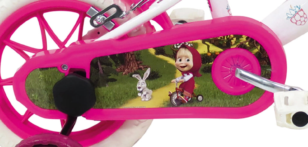 Bicicletta per Bambine 12" Masha e Orso Freno Caliper e Stabilizzatori in Acciaio Hi-Ten Bianco